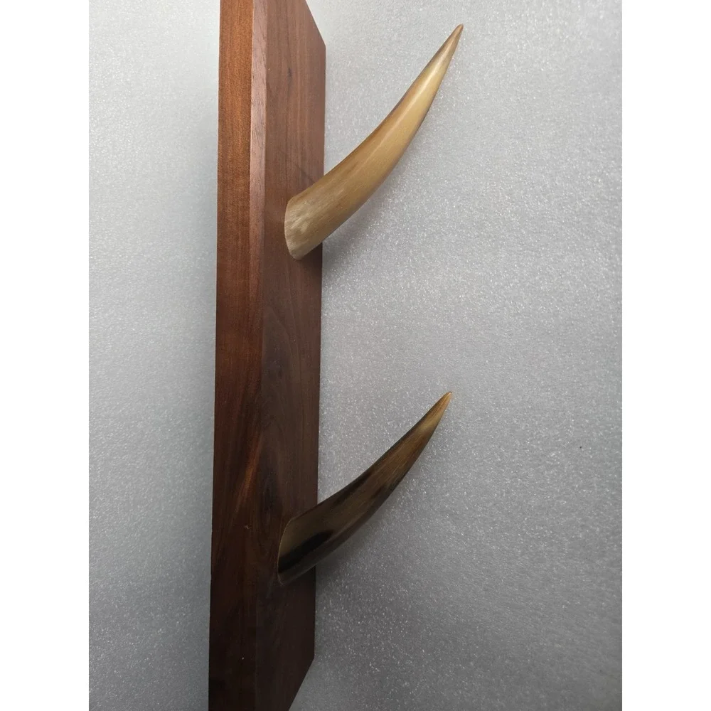Mid Century Modern Wood Wall Coat Rack 2 Horn Hooks Teak Danish Style Vtg 15